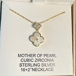 ✅New “Rachel Zoe” CZ + Mother of Pearl Clover Necklace, Sterling Silver 16+2”